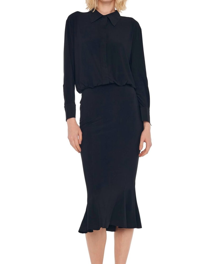 Front of a model wearing a size L Boyfriend Neck Shirt Fishtail Dress To Midcalf In Black in Black by NORMA KAMALI. | dia_product_style_image_id:346746